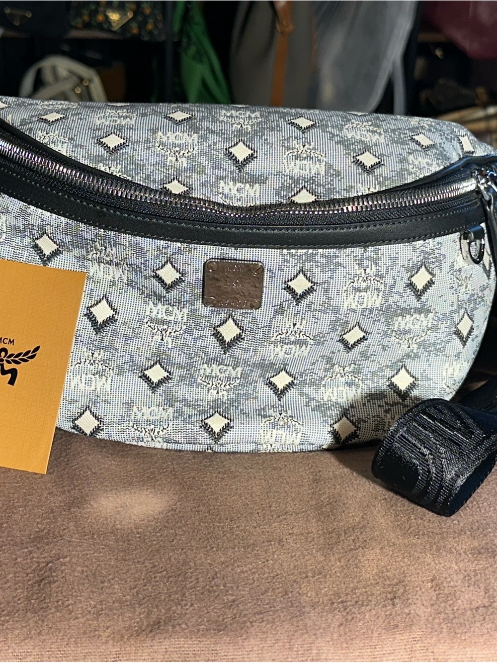 MCM Gray Monogram Belt Bag with Black Trim